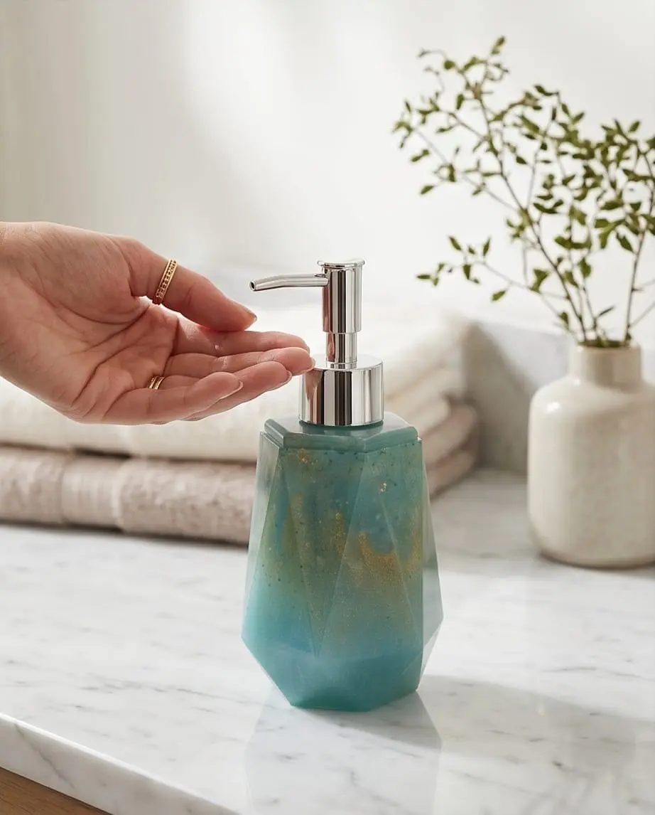 Distributeur de savon artisanal en résine époxy pour salle de bain
