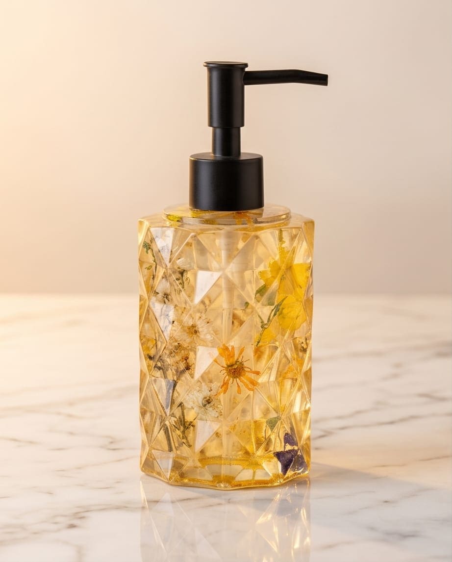 Distributeur de savon artisanal avec fleurs séchées en résine époxy pour salle de bain