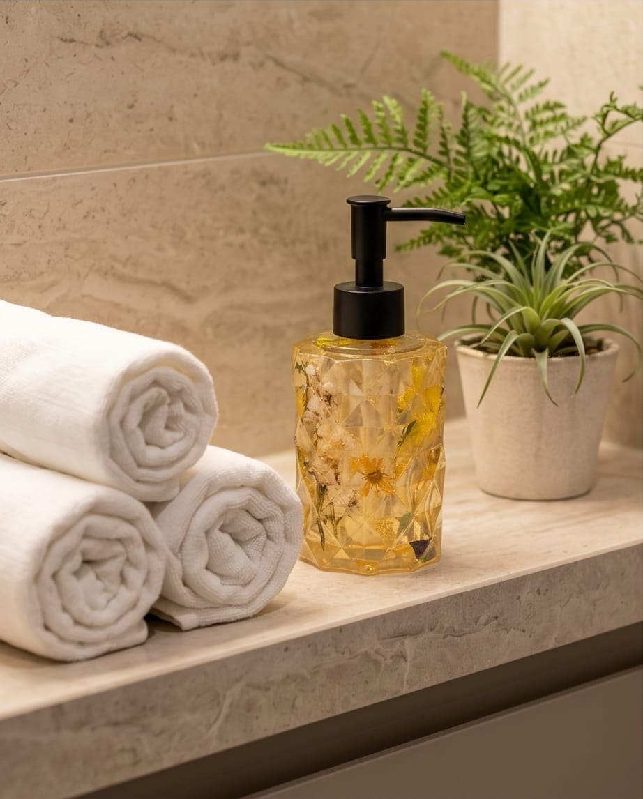 Distributeur de savon artisanal avec fleurs séchées en résine époxy pour salle de bain -