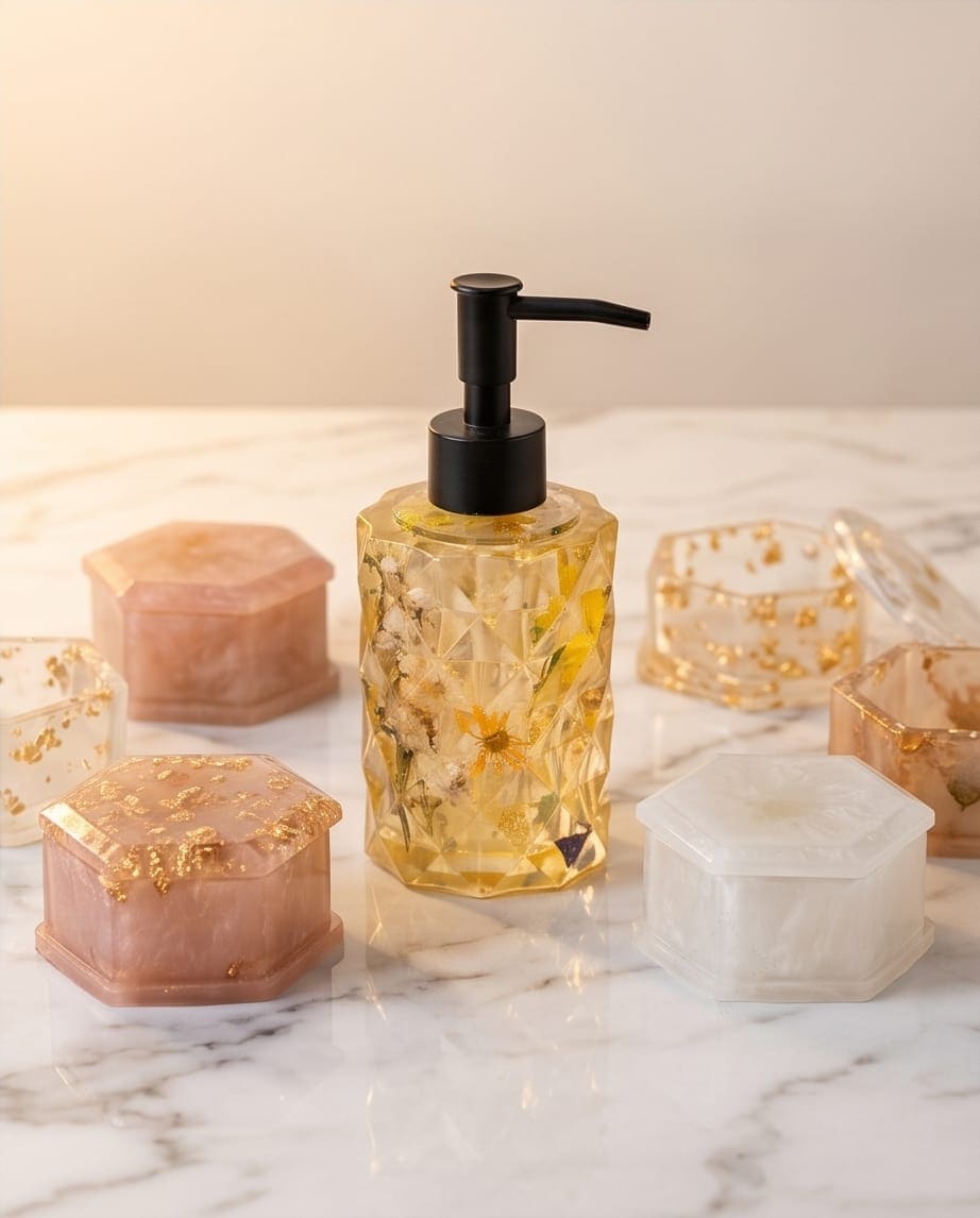 Distributeur de savon artisanal avec fleurs séchées en résine époxy pour salle de bain