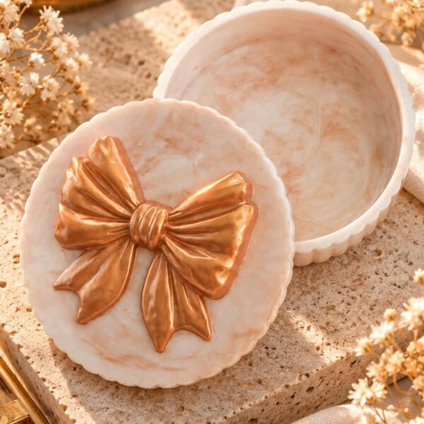 Boîte à bijoux ronde – Effet marbré et nœud doré